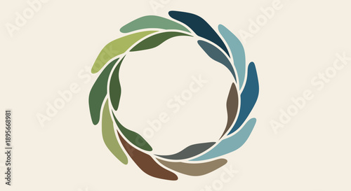A circular design composed of leaf-like shapes in varying shades of green and brown, forming a wreath or garland