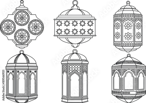 “Six Islamic Lantern Silhouettes – Geometric and Floral Patterns for Ramadan and Cultural Design on Dark Gray Background”