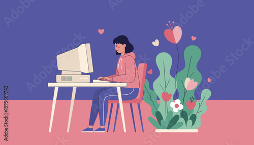 Woman works on retro PC at home desk smiling amidst plants and hearts Remote work concept