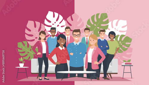 Diverse professional team standing confidently in a modern pink plantfilled office Teamwork and business success