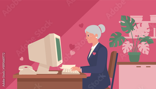 Mature woman sending a love letter or dating message on an old computer Online romance concept