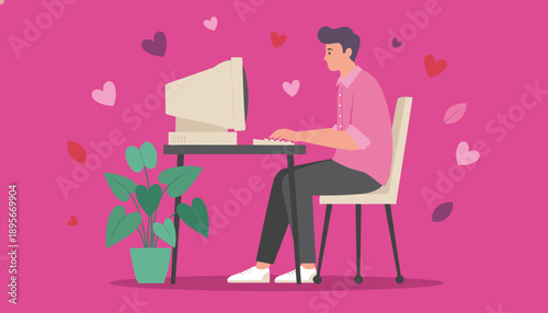 Young man uses retro desktop PC for online chat or dating concept on a pink background