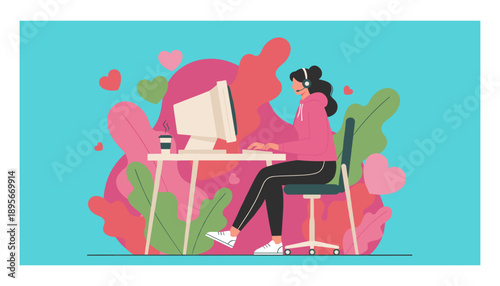 Woman in a headset working remotely on a computer surrounded by happy hearts and stylized plants Vector illustration