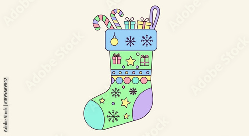 Christmas Stocking Full Of Gifts, Candy Canes, Stars and Snowflakes