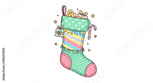 Festive Christmas Stocking Filled with Gifts and Treats, Illustrated