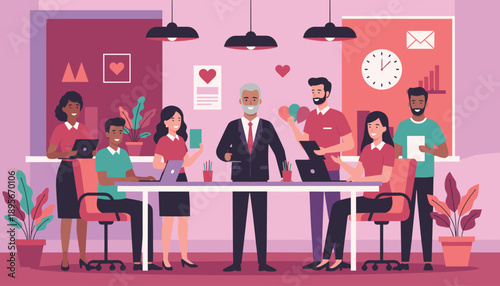 Diverse business team collaborating happily in a modern vibrant office setting