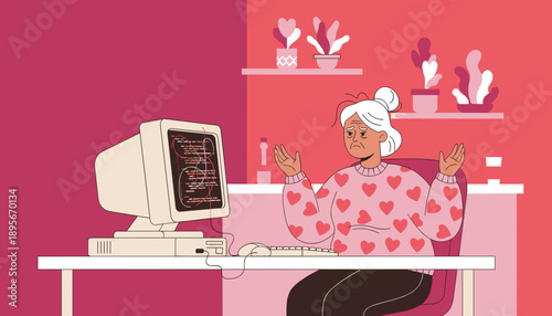 Grandma confused by technology error message on vintage desktop computer screen