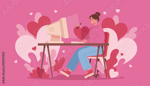 Happy woman sending a digital heart online using a computer symbolizing digital love and romance