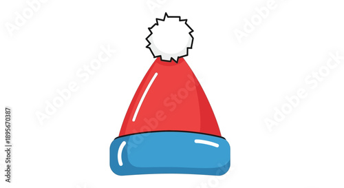 Red and Blue Christmas Hat with White Pom-Pom, Isolated on White