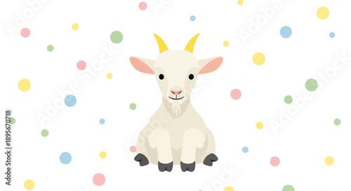 Cute White Goat Sitting on White Background with Colorful Polka Dots