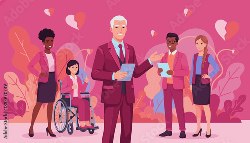 Diverse business team illustration centered on leadership inclusion and professional relationships