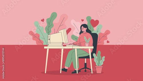 Retro office illustration Woman working on an old PC surrounded by pink foliage and hearts