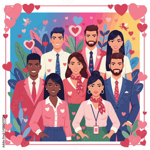 Diverse team of smiling professionals celebrates love and appreciation with a heartthemed background