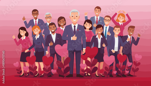 Happy diverse business team showing love and support with hearts Thumbs up for teamwork and appreciation