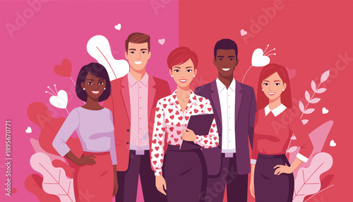Diverse team of smiling business professionals on a pink and red Valentines background illustration