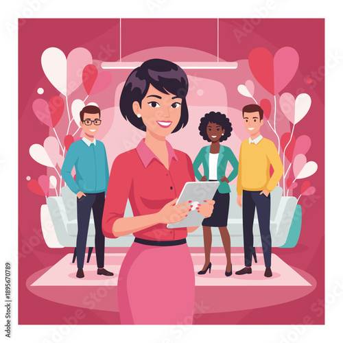 Smiling businesswoman holds a tablet near colleagues surrounded by decorative hearts and balloons