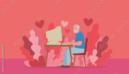 Senior man using vintage computer for online dating or connection against a romantic pink and red background