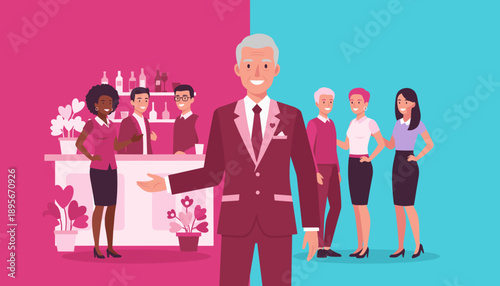 Smiling host welcomes diverse party guests and bar staff at a vibrant social or business event