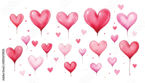 A collection of pink and red heart balloons.