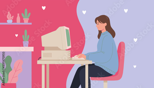 Happy woman working on a vintage desktop computer in a colorful cozy home office Retro tech and remote work