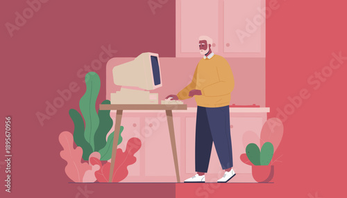 Senior man operates a vintage computer at home Digital inclusion and retro technology illustration