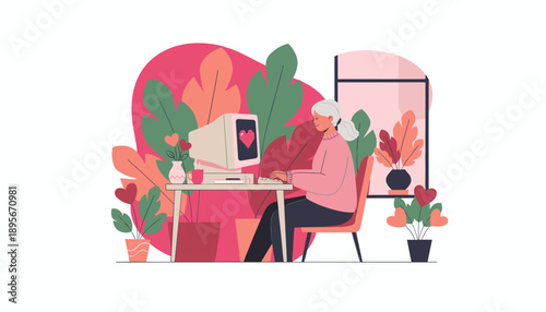 Senior woman using retro computer with a heart graphic in a cozy plantfilled home office for online connection