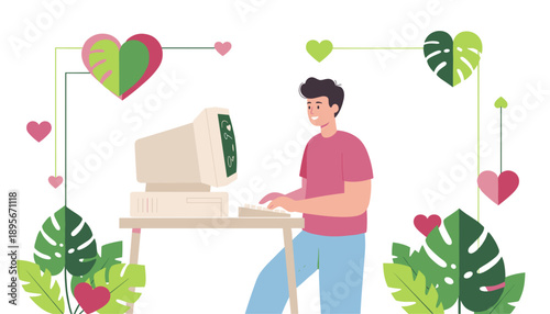 Man uses a retro computer for online dating surrounded by happy hearts and tropical leaves