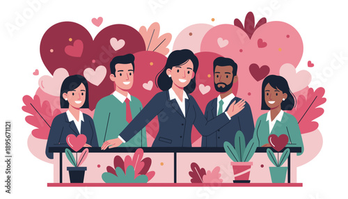 Diverse business team smiling against a background of hearts symbolizing corporate unity and appreciation