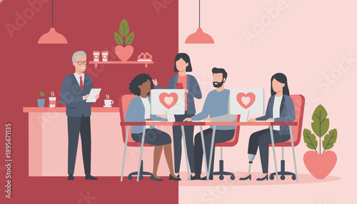 Diverse team collaboration with loveheart themes in a modern office promoting inclusion and CSR