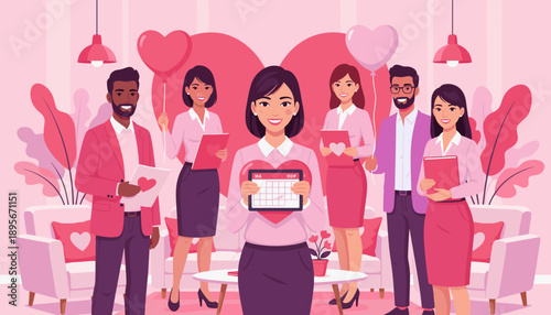 Professional team planning a romantic event holding hearts and calendar in a pink business lounge