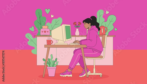 Stylish woman works remotely in bright home office using vintage technology