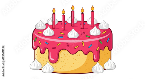 Birthday Cake with Pink Frosting, Whipped Cream, Sprinkles, and Candles