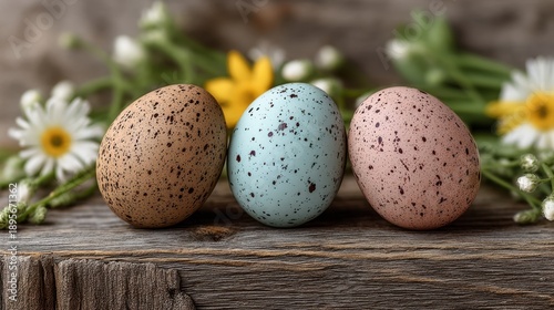 Three Speckled Eggs in Pastel Colors Surrounded by Flowers on a Rustic Wooden Surface