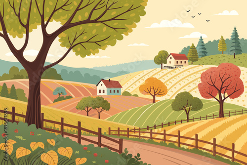 Konstfotografi Farm Landscape With Trees And Fenc Premium Digital Asset Ideal for Marketing