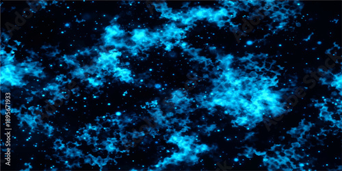 A deep blue abstract nebula background features a bright galaxy pattern with glowing stars and ethereal light across the dark outer space cosmos