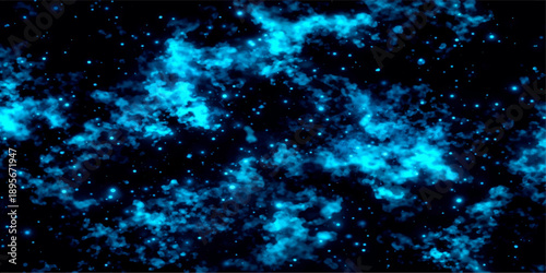A deep blue abstract background featuring glowing particles and a bright nebula amidst a vast starry galaxy and shimmering dust in the dark cosmic universe