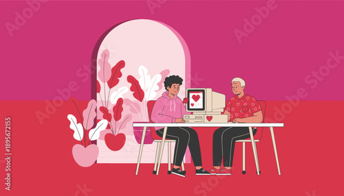 Generational dating concept Young and old men using a retro computer for love online