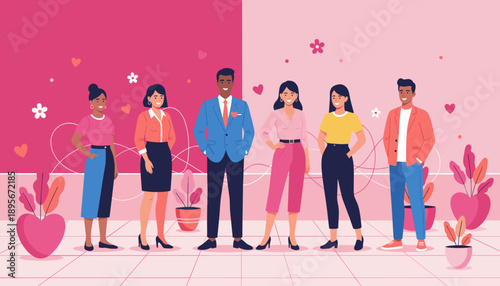Diverse group of smiling professionals standing together in a modern pink illustrated environment