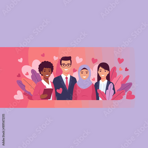 Smiling diverse corporate team portrait illustration Inclusion love and support concept