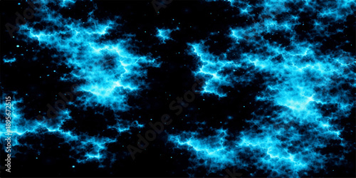 An abstract blue sky background features a bright galaxy nebula with glowing stars and cosmic clouds across a dark fantasy universe texture