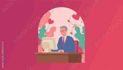 Senior businessman using desktop PC surrounded by hearts and leaves Worklife balance concept