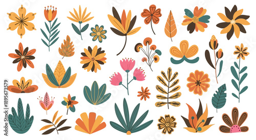 Autumn floral set. Fall flowers and leaves collection