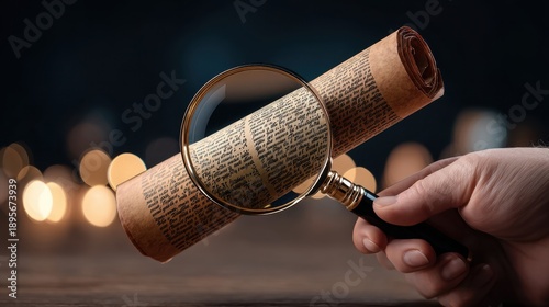 Hand Holding Magnifying Glass Over Rolled Ancient Manuscript with Blurred Background of Warm Lights