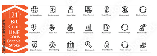 Bitcoin icons set, digital currency, blockchain, finance, investment, money, trading, crypto wallet, blockchain technology, digital payment, professional design editable stroke vector Illustration 