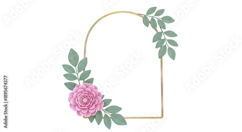 Gold Arch Frame with Pink Flower and Green Leaves