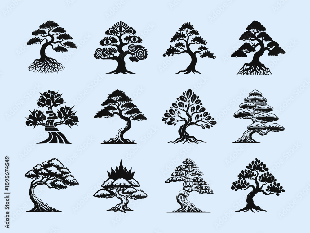 Fototapeta premium Collection of Stylized Bonsai and Abstract Tree Silhouettes