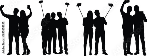 Group of people silhouette taking selfies with smartphones, friends posing together, modern social media lifestyle concept for communication, technology, and youth culture design