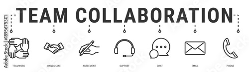 Team Collaboration web banner icon vector illustration featuring Teamwork, Handshake, Agreement, Support, Chat, Email and Phone
