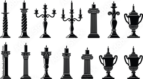 Antique Neoclassical Candlestick and Trophy Cup Silhouette Collection, Greek Column Candelabra and Ornamental Pedestal Urn Set, CAD Drawing Flat Vector Illustration