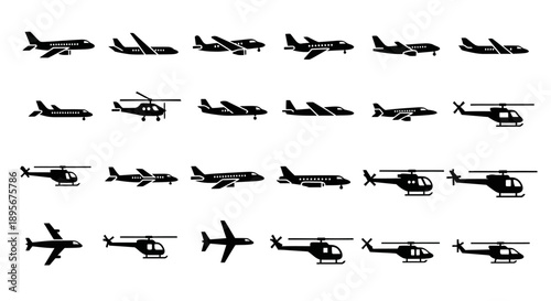 Aircraft Icons: Airplane and Helicopter Vector Set